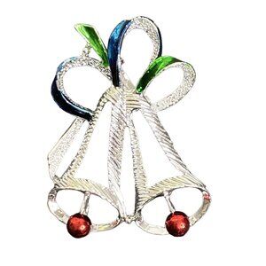 Vintage Gerrys Silver Tone Christmas Bells Brooch 2" Holiday Jewelry‎ Pin Shiny